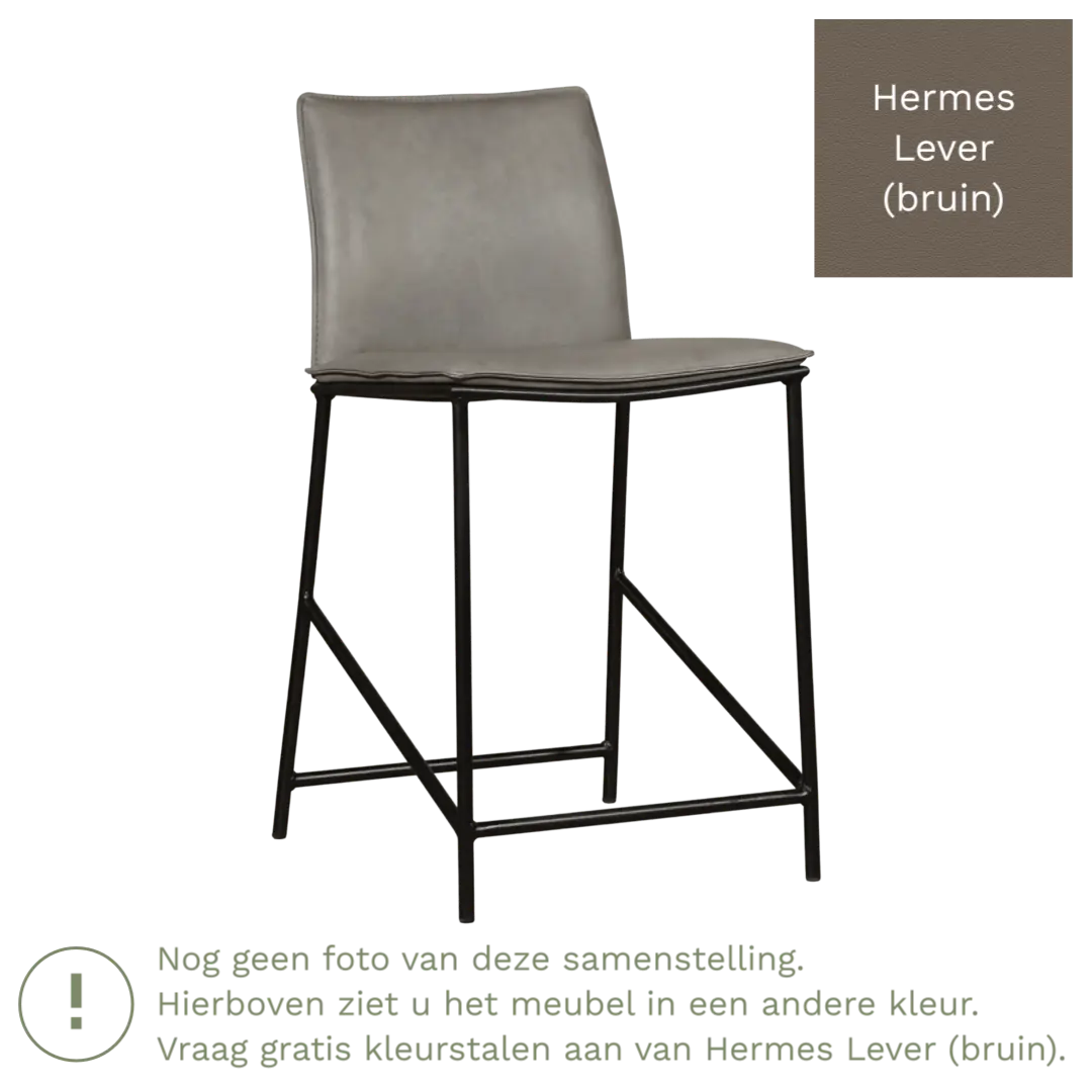 afbeelding van Leren barkruk laag Favor - Hermes Lever (bruin) - poten staal rond zwart